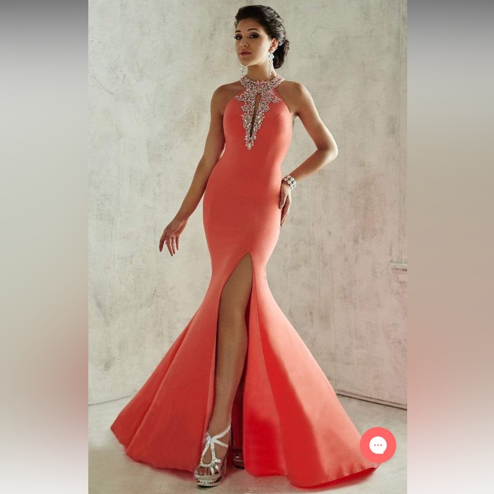 Tiffany Designs Flourished Halter Long Evening Gown 46025 - Watermelon - 6